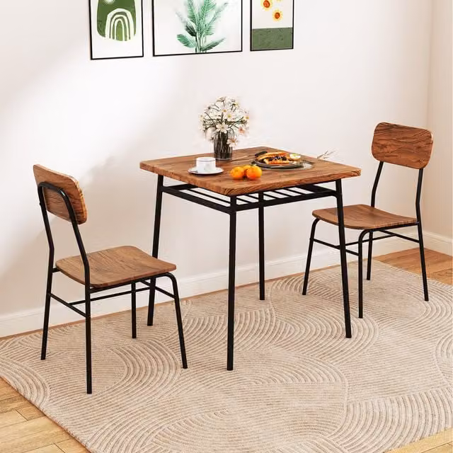 Costway 3 Piece Square Industrial Kitchen and Dining Table and Chair Set in Brown