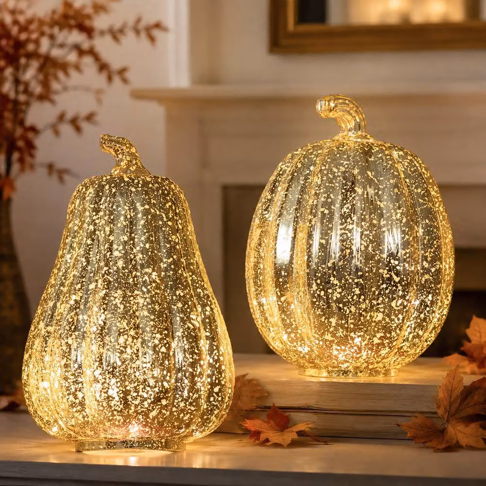 Marco Paul Set of 2 Gold Light Up Plastic Pumpkin and Squash Tabletop Decorations for Halloween – 4