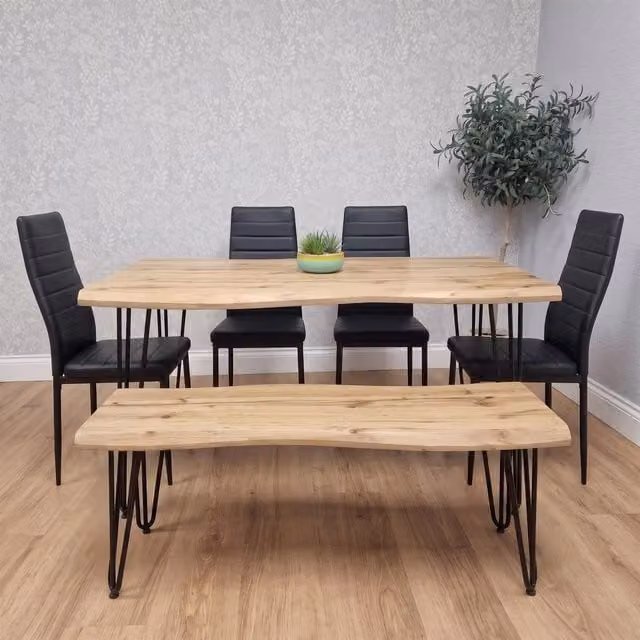 Kosy Koala Modern Dining Table Set with Bench and 4 Black Faux Leather Chairs in Brown
