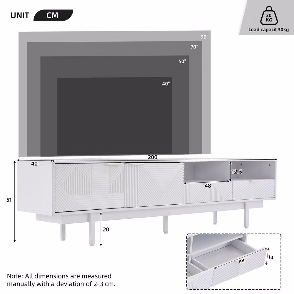 Tokpiedi Modern Geometric Entertainment Center with Storage Cabinets in White, W/D/H: 200 x 40 x 51 cm – 4