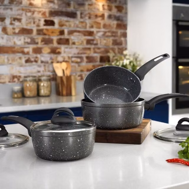 Tower Cerastone 3 Piece Saucepan Set with Lids, Grey – 8