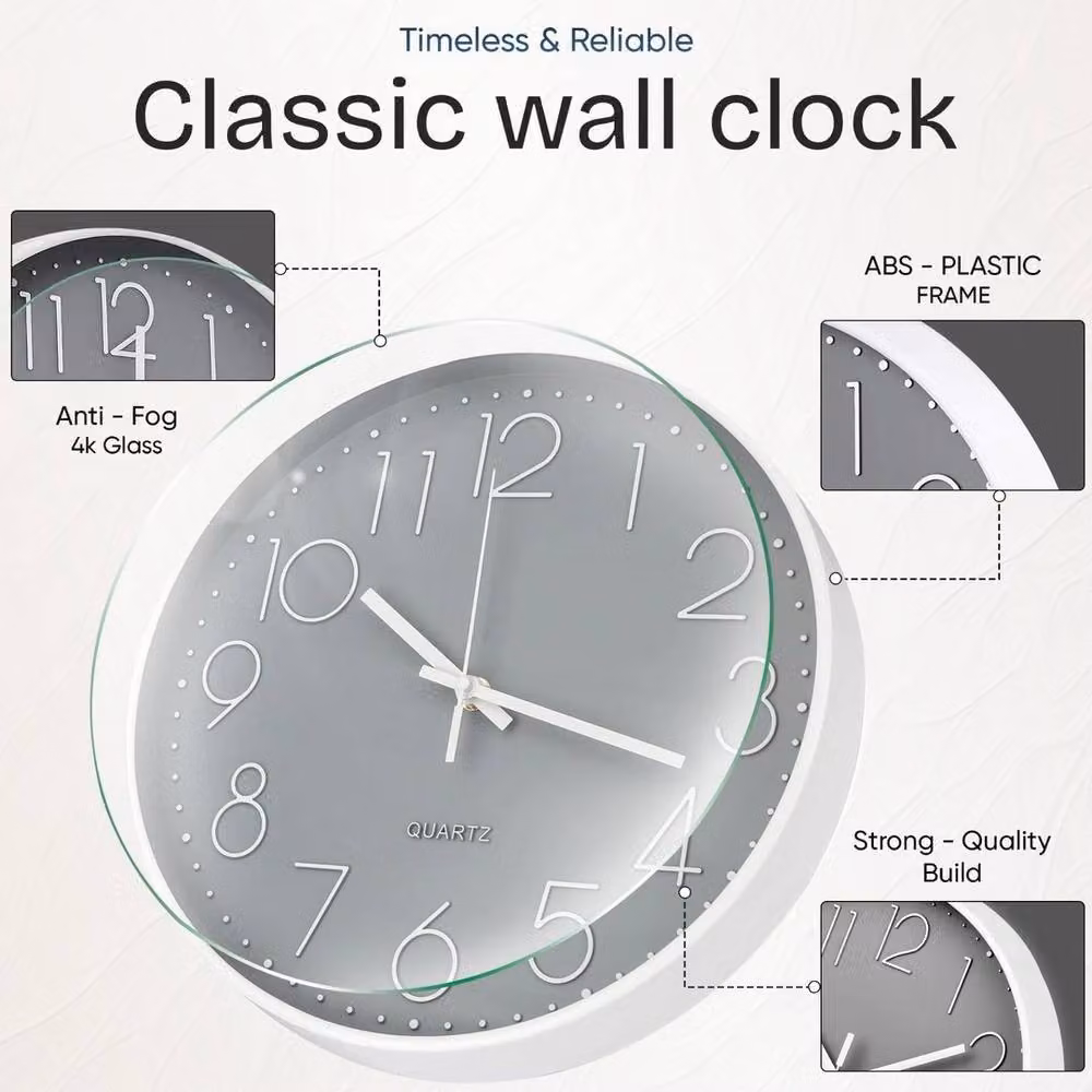 PAWNORA Grey Silent Round Quartz Wall Clock, Diameter: 30.48 cm – 3