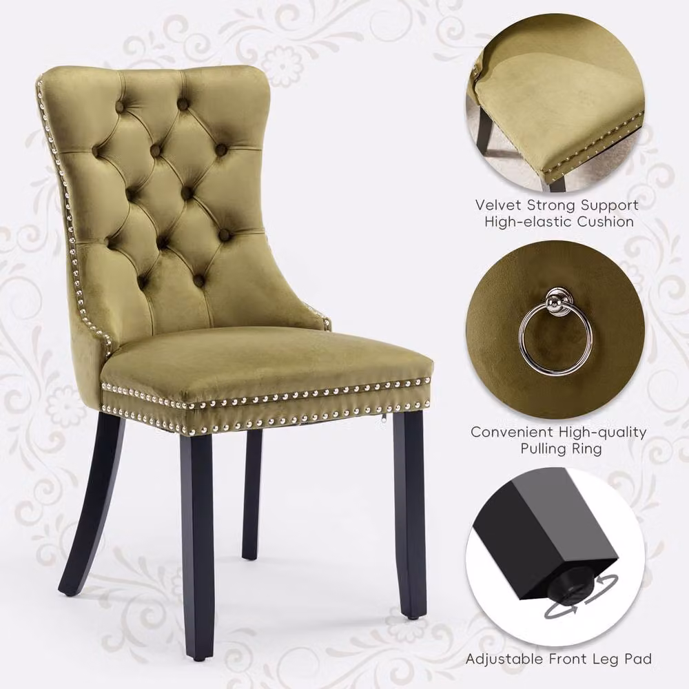 HomeTouch Romsey Set of 6 Green Velvet Upholstered Dining Chairs with Oak Legs and Knocker Ring Back – 5