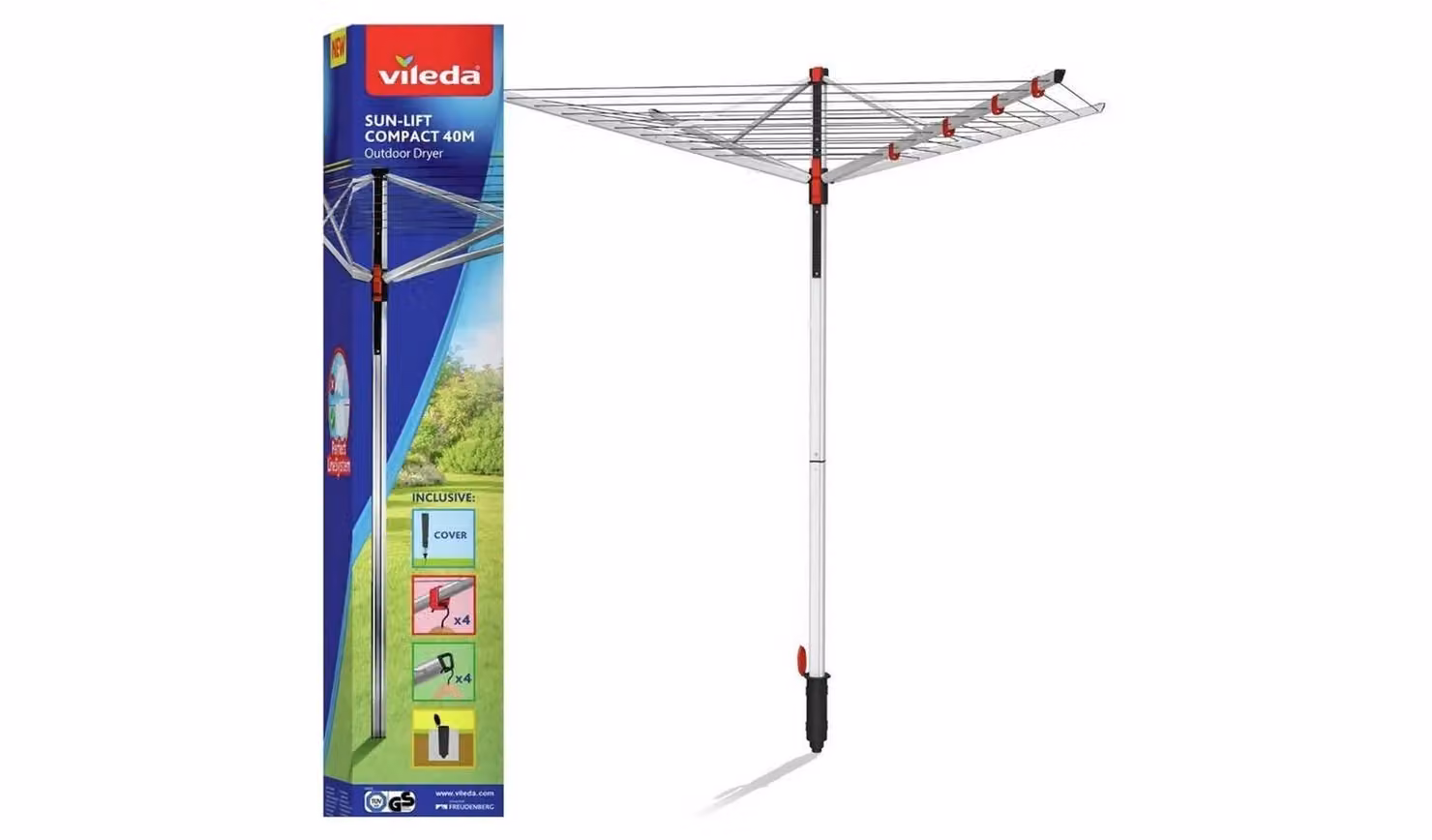 Vileda Sun-Lift Compact Rotary Airer Outdoor Washing Line in Silver with 40m Drying Capacity and Height-Adjustable Aluminium Frame