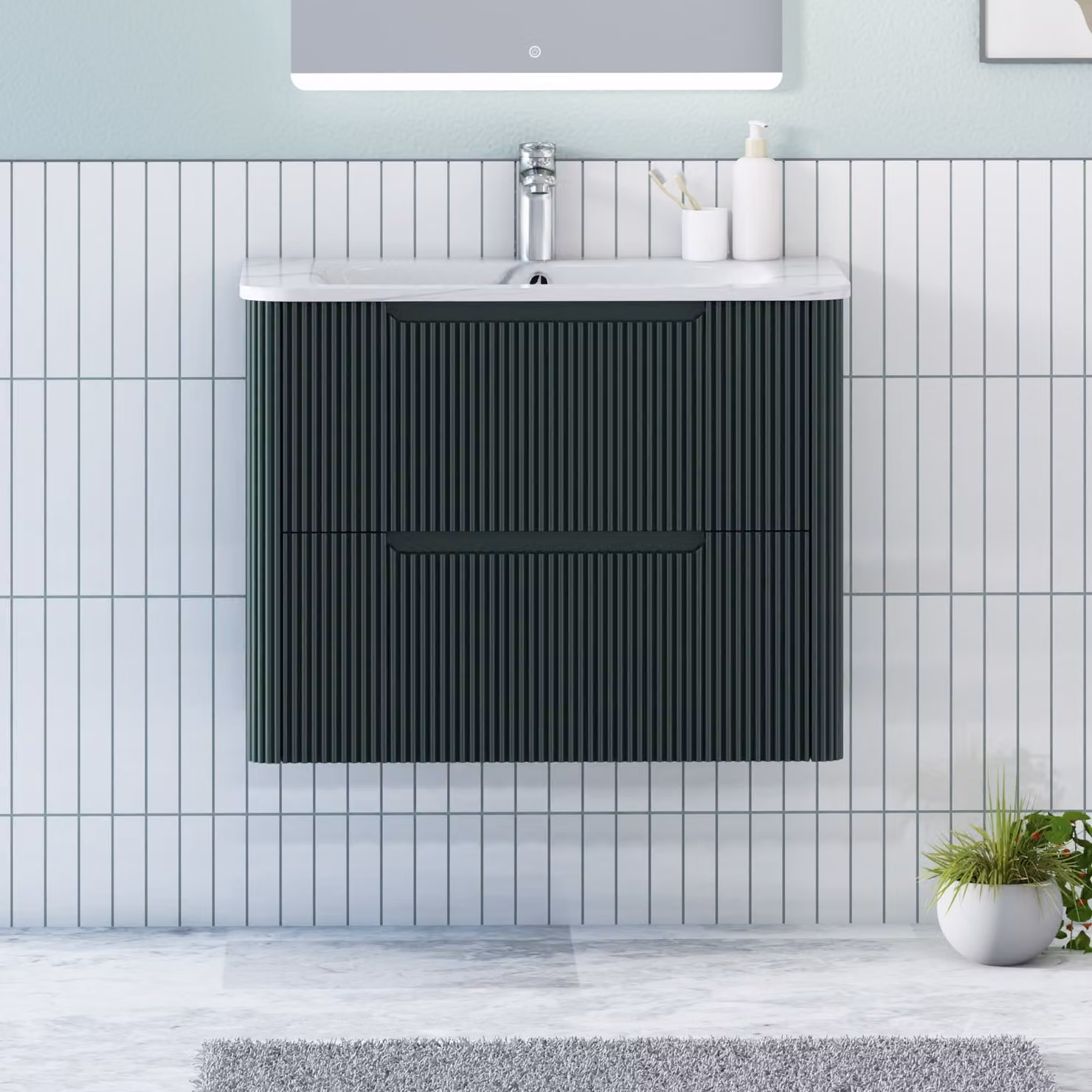 Royal Bathrooms Avenza Wall Hung Vanity Unit with Carrara White Basin, Moss Green, Depth: 70 cm