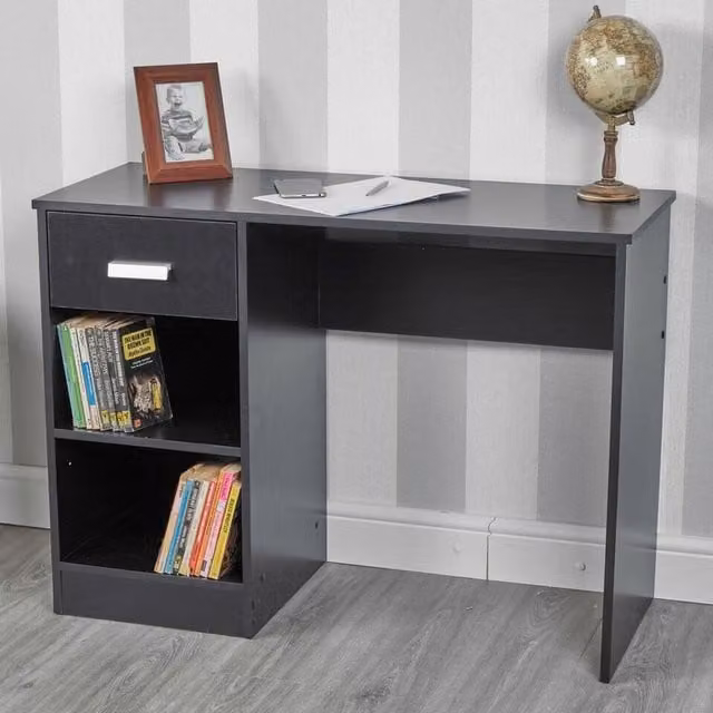 URBNLIVING Modern Black Wooden Computer Desk with Grommet and Single Pedestal