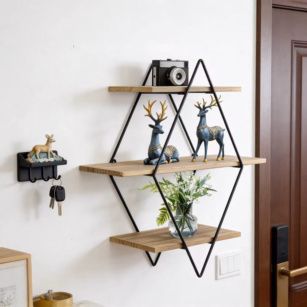 KORVIXA Rustic Geometric Wood and Metal Wall Mounted Floating Shelves in Brown and Black – 2