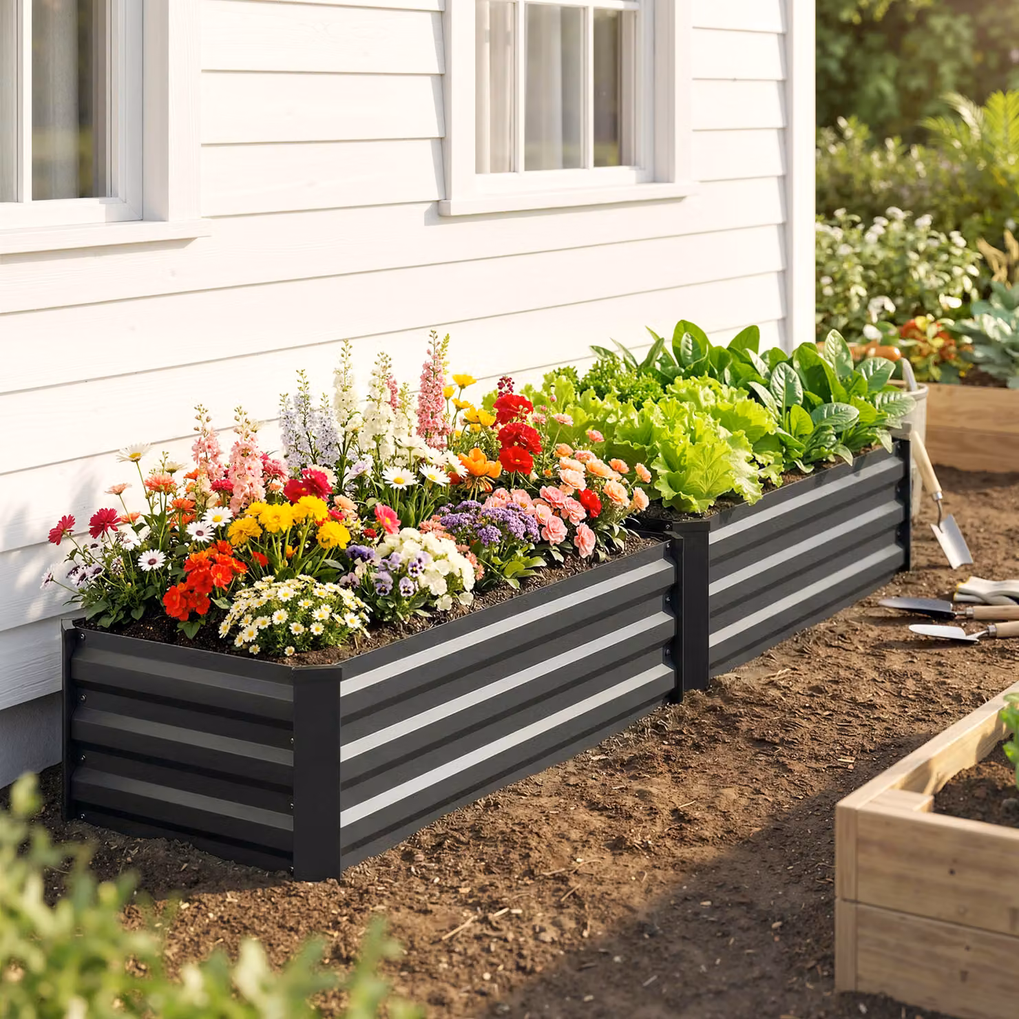 Outsunny Set of 2 Galvanised Steel Raised Garden Beds in Grey for Flowers, Herbs and Vegetables – 7