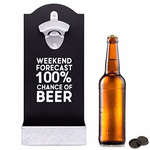 Maison Des Cadeaux Weekend Forecast Wall Mounted Wood and Metal Bottle Opener with Cap Catcher in Black and Brown – 2
