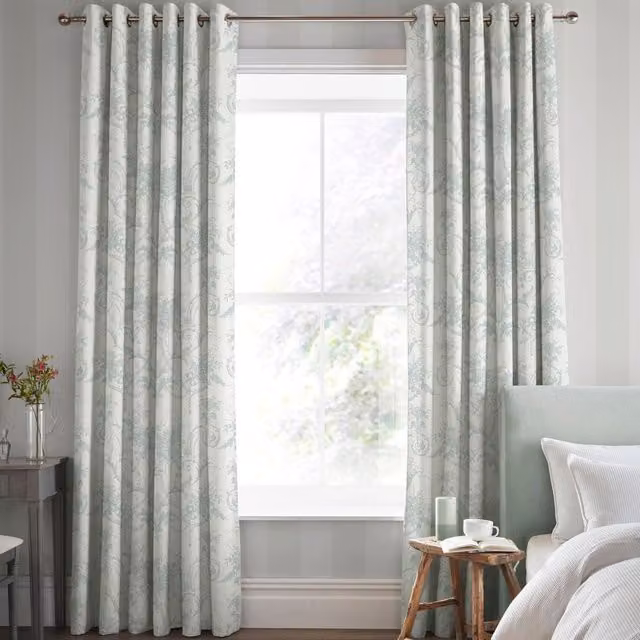 Laura Ashley Tulleries Made To Measure Blackout Floral Eyelet Curtains in Duckegg Blue and Green