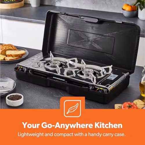 Geepas Double Burner Portable Butane Gas Stove with Carry Case, Black Stainless Steel Tabletop Cooker – 4