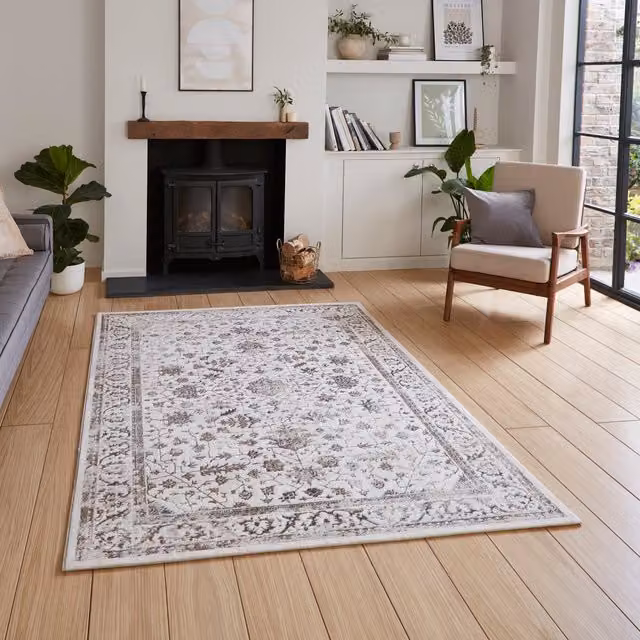 Creation 50112 Metallic Effect Yarn Rug in Beige and Silver