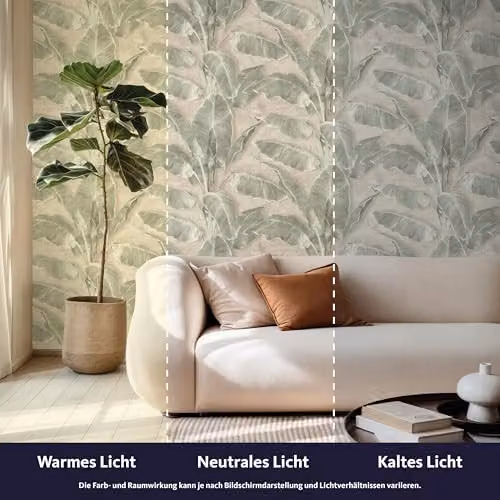 Rasch Cuba Tropical Leaves Self-Adhesive Textured Wallpaper, Green and Beige, 6.00 m x 0.53 m – 3