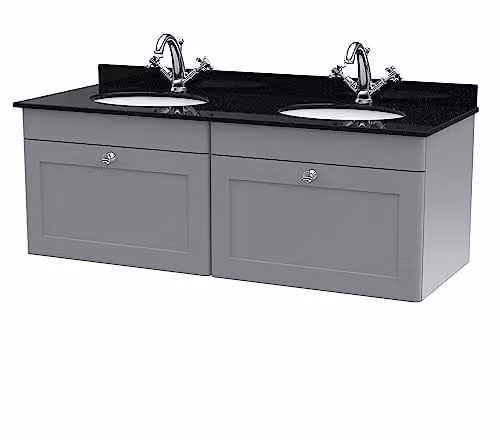 nuie Classique Traditional Wall Hung Double Bathroom Vanity Unit with 2 Drawers, Marble Top and Round Basin, Satin Grey/Black, W: 120 cm