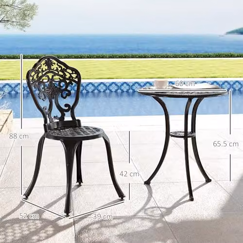 Outsunny 3 Piece Cast Aluminium Garden Bistro Set with Parasol Hole in Black – 6