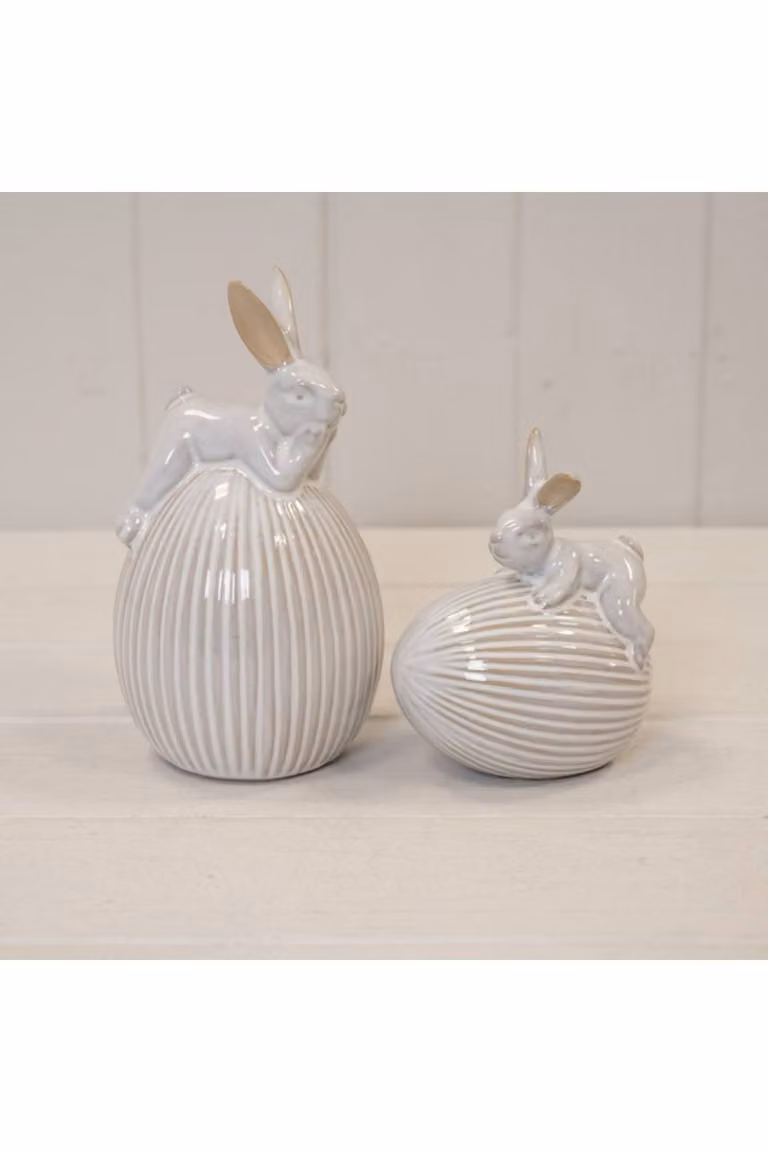 KDMD White Ceramic Rabbit on Egg Easter Tabletop Decoration