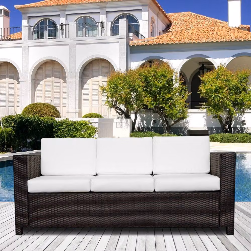 ERGOVEXA 3-Seater Brown Rattan Garden Sofa with Upholstered Cushions and Powder Coated Steel Frame – 4