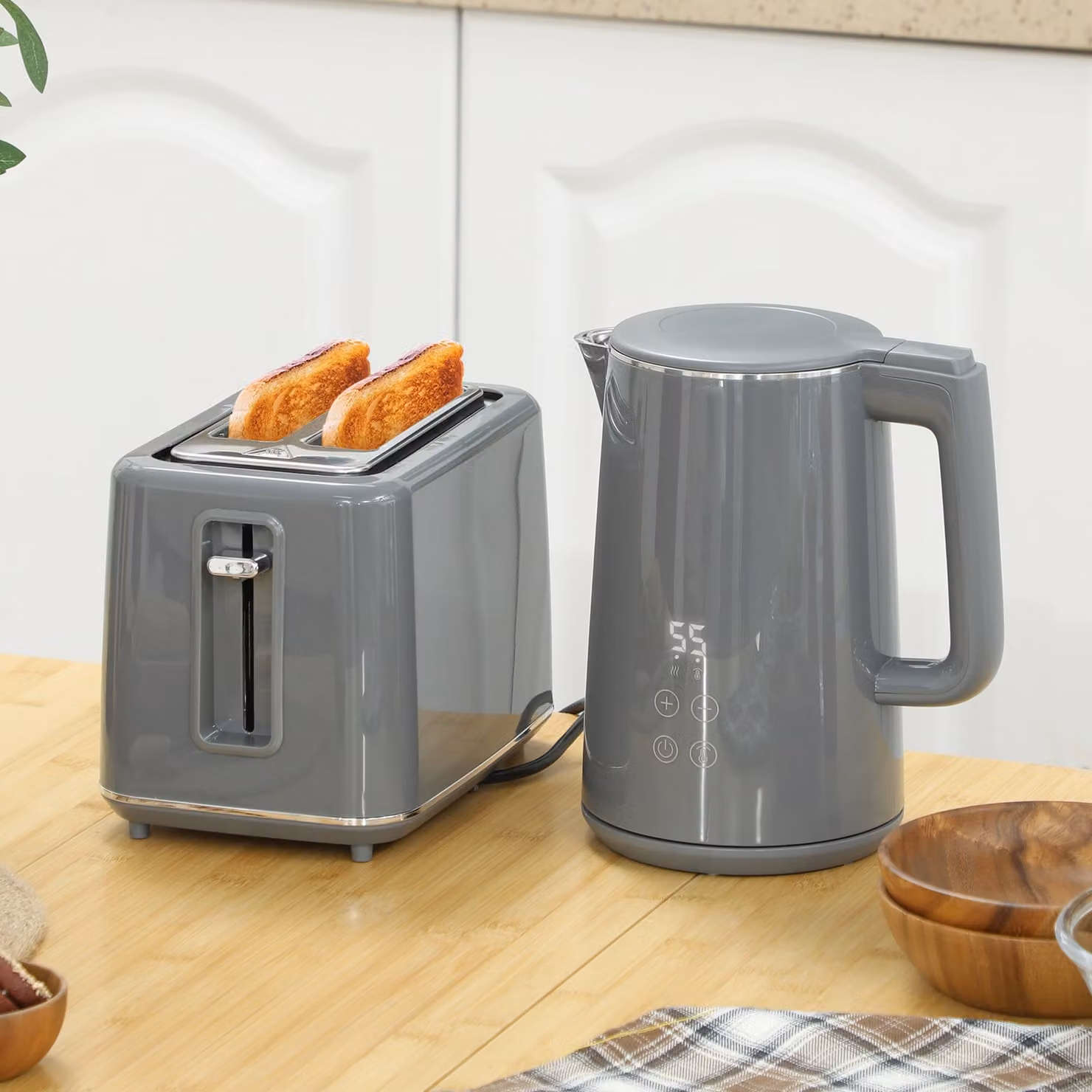 HOMCOM Digital Kettle and Toaster Set in Grey, including 1.5 l Fast Boil Kettle and 2 Slice Toaster with LED Touch Display – 2