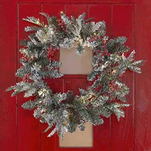 The Christmas Workshop 71239 Premium Pre-Lit Christmas Wreath with Warm White LEDs, Pinecones and Berries, Green, Diameter: 60 cm