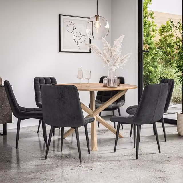 More4Homes Malvern Round Dining Table and 6 Black Nova Velvet Dining Chairs Set with Oak Top and Solid Oak Legs