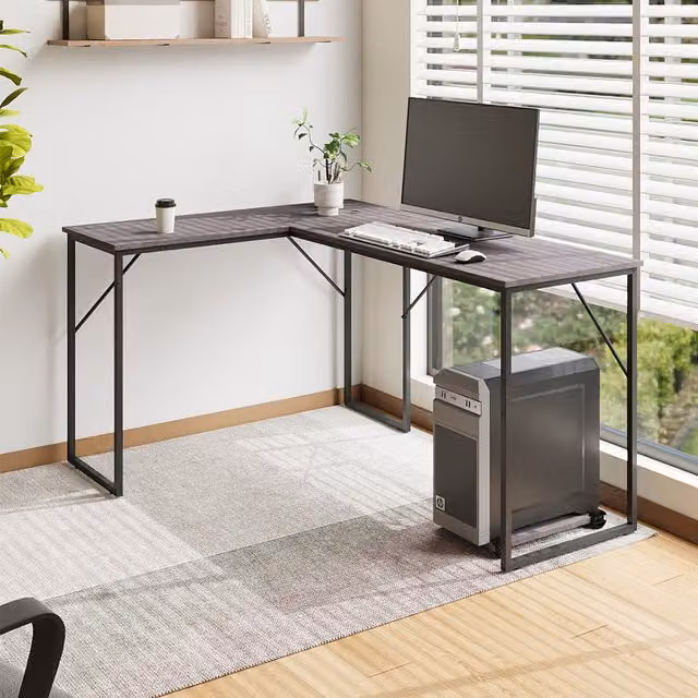 Livingandhome L-Shaped Corner Computer Desk with PC Case Tray in Grey