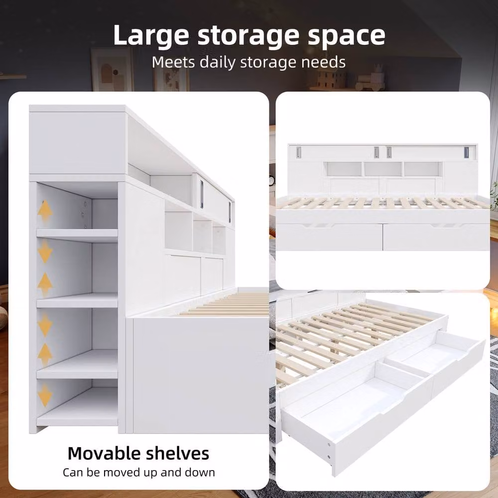 ModernLuxe Kids Single Daybed with Drawers and Storage Headboard, White, W/D/H: 90 x 190 x 200 cm – 3