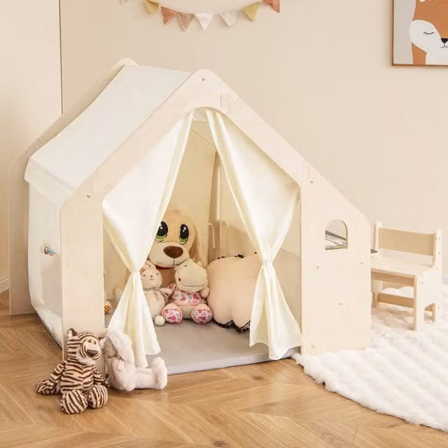 COSTWAY 6-in-1 Kids Playhouse Indoor Play Tent in Beige and White