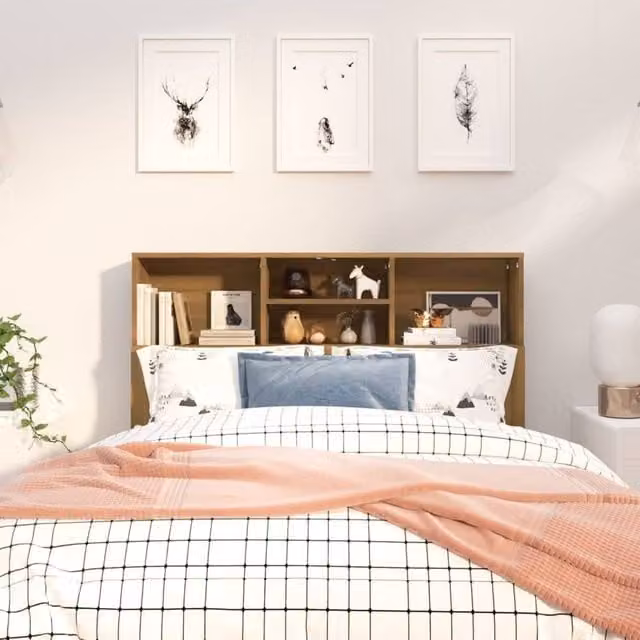 Berkfield Home Modern Headboard Cabinet in Brown Oak with Integrated Bedside Shelves, W: 120 cm, D: 19 cm, H: 103.5 cm – 1