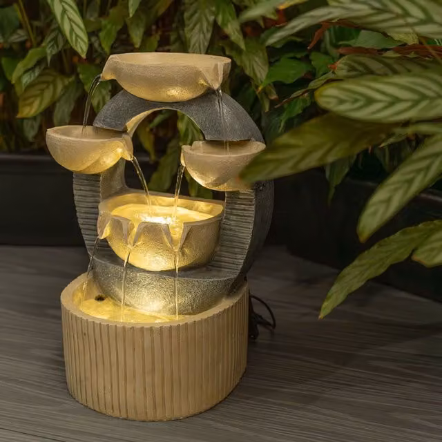 ValueLights Solar Powered Cascading Water Feature Fountain in Sand with Warm White LED Light, W/D/H: 29.0 x 19.5 x 42.0 cm – 1