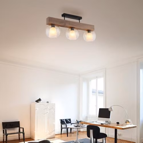 Netlighting Barry I Ceiling Spotlight Bar in Black and Wood with Amber Glass Shades for 3x E27 Bulbs – 2