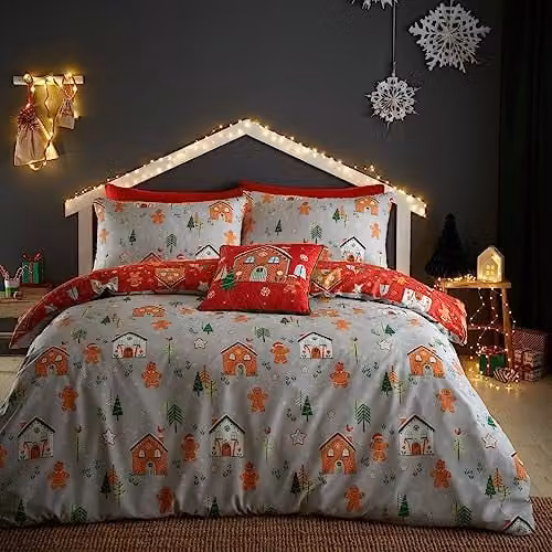 Bedlam Gingerbread House Reversible Christmas Duvet Cover Set with Pillowcase in Grey, W/D/H: 140 x 200 cm – 1