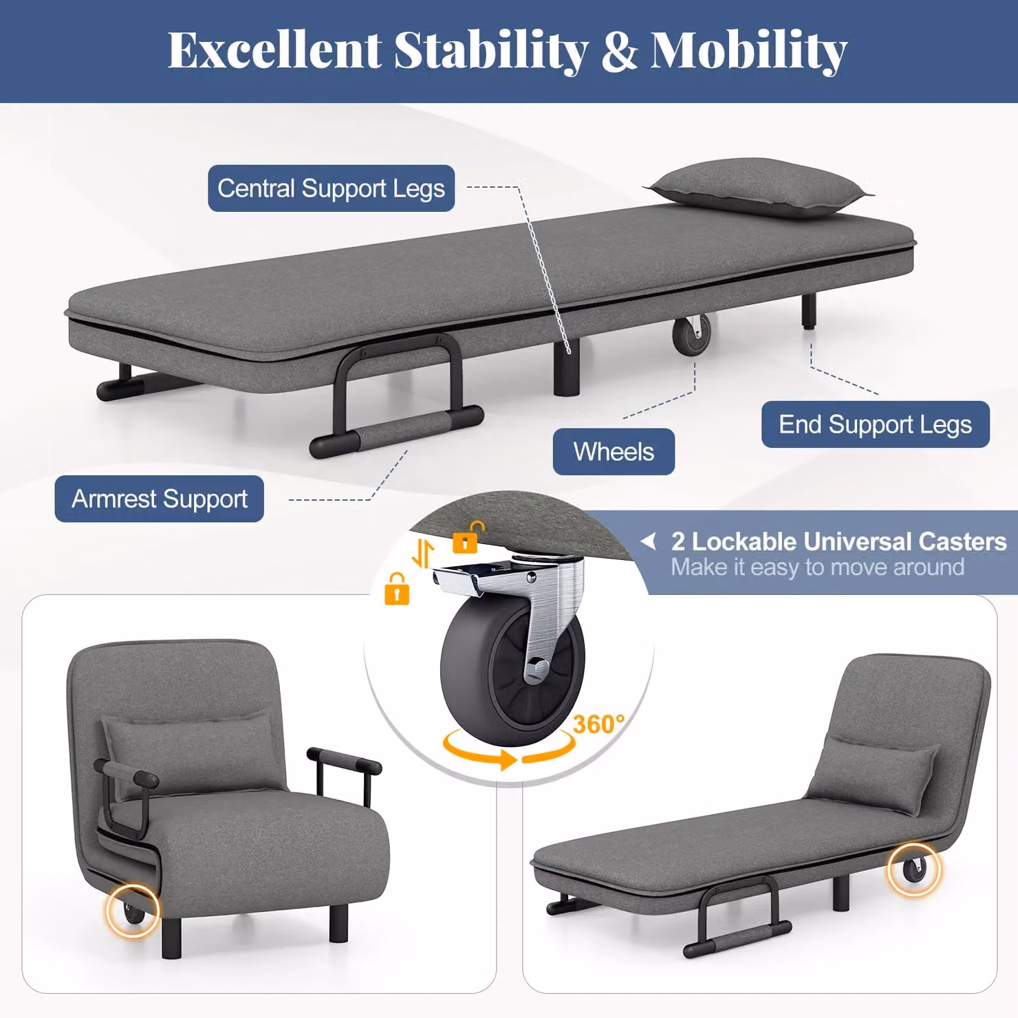 Costway 3-in-1 Convertible Sofa Bed Sleeper Chair with Lumbar Pillow in Dark Grey – 5