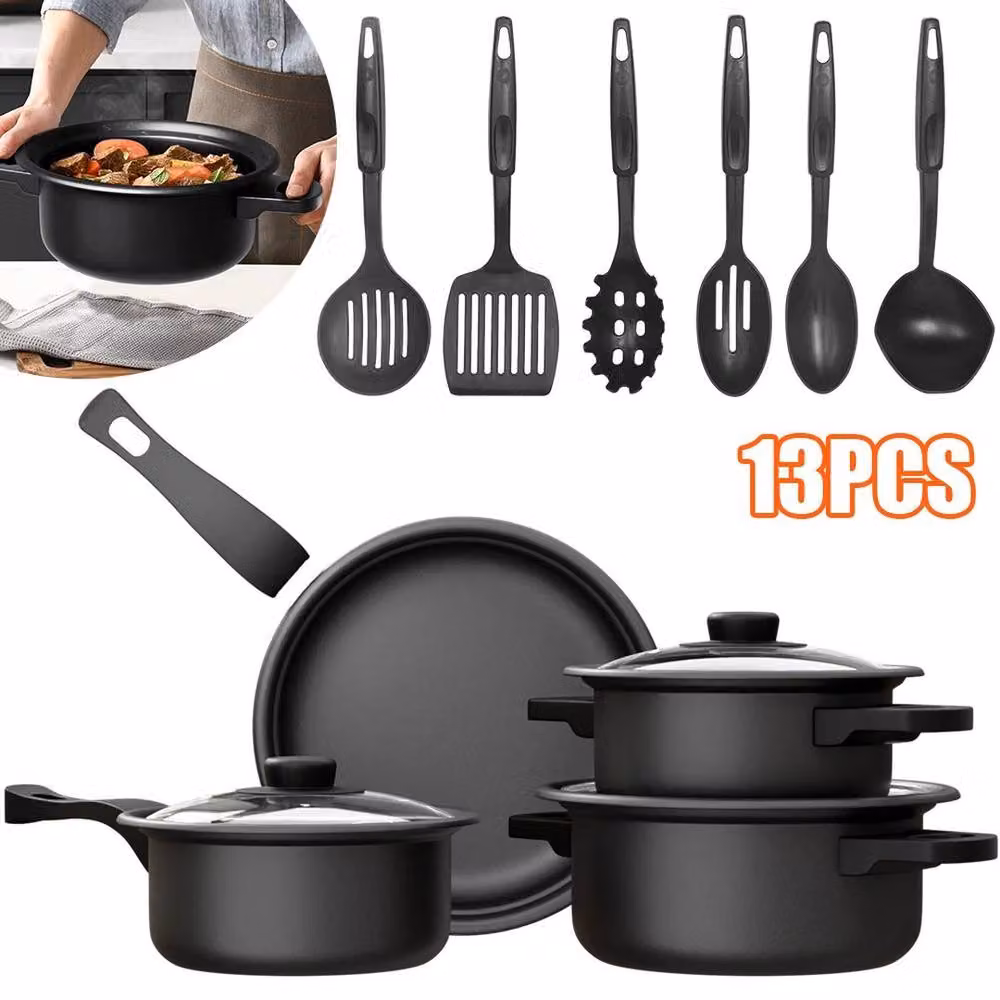 KORVIXA 13-Piece Non-Stick Cookware Set in Black with Iron and Glass Lids – 4