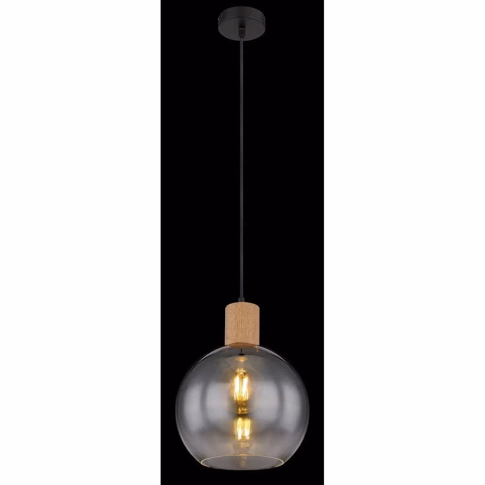 Globo Lighting Moitas Dome Pendant Light in Black and Wood with Smoke Glass Shade, E27, Height: 120 cm, Width: 40 cm, Depth: 25 cm – 2