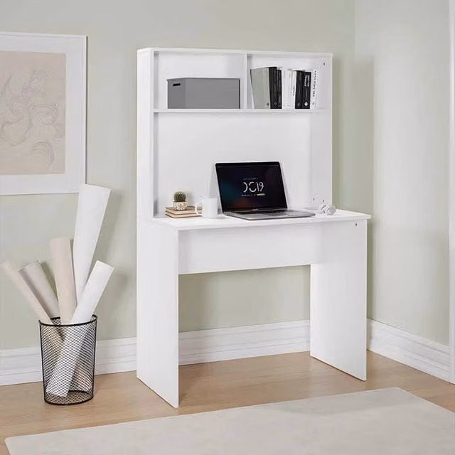FORGEVIO Matt White Study Desk with Two Shelf Storage Hutch, W/D/H: 90 x 75 x 75 cm – 1
