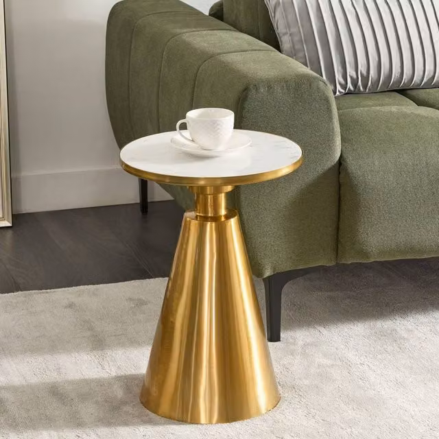 Wyld and Coco Round Side Table with White Marble Top and Matte Gold Metal Base, Diameter: 35 cm – 1