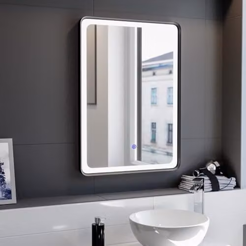 Nes Home Dimmable LED Bathroom Mirror with Touch Sensor and Demister, W: 50 cm, H: 70 cm, Matte Black