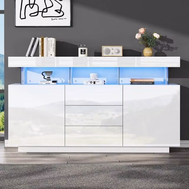 ModernLuxe High Gloss White LED Sideboard Cabinet with 3 Drawers, 2 Doors and Shelves