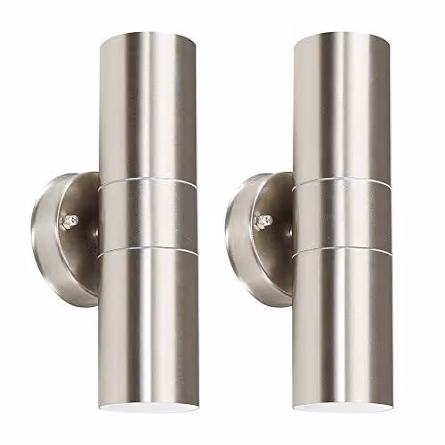 MiniSun Set of 2 Modern Stainless Steel Up/Down Outdoor Wall Lights in Silver with 5W Warm White LED Bulbs – 1