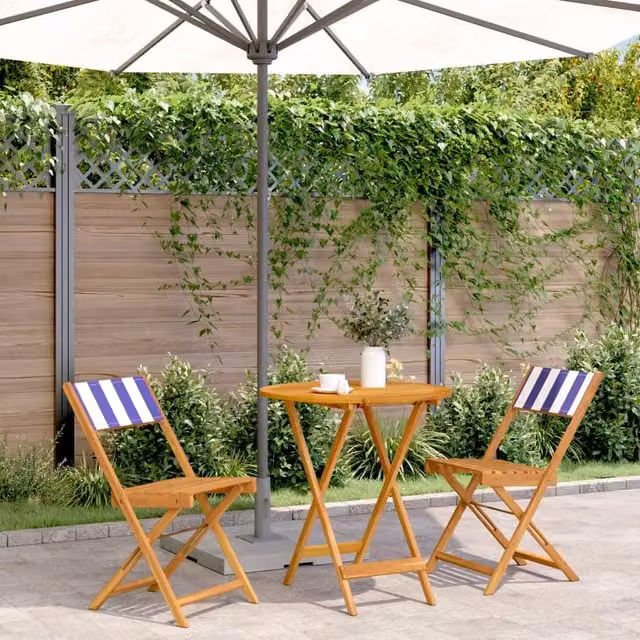 Berkfield Home 3 Piece Acacia Wood Bistro Set with Blue and White Striped Fabric Seats
