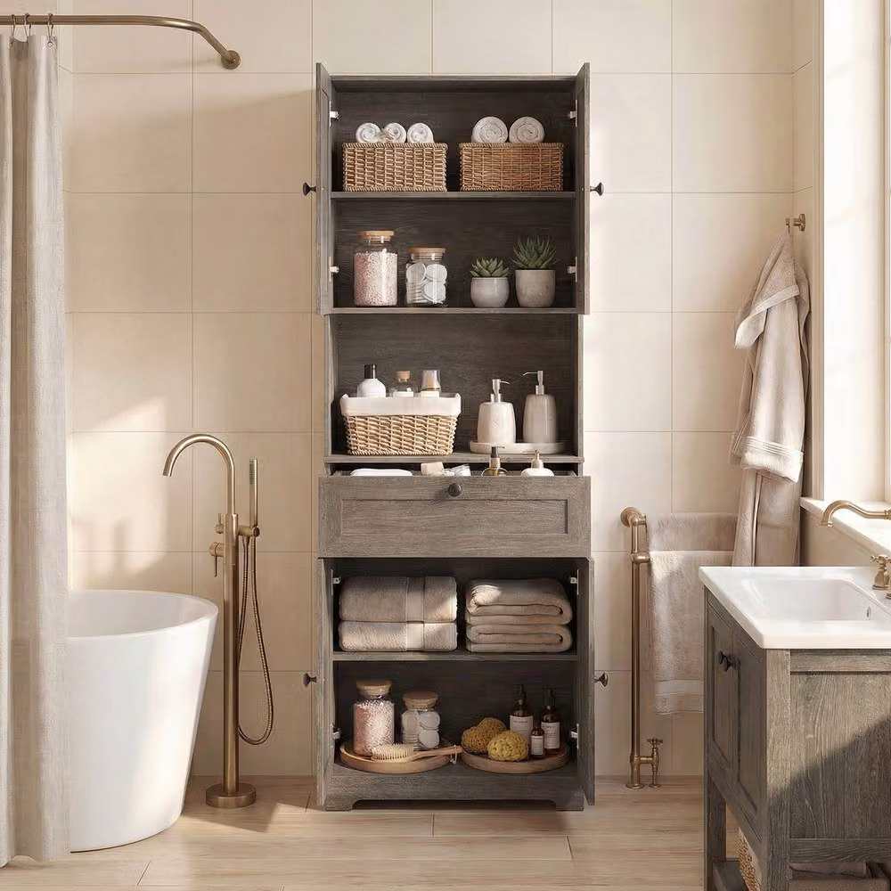 Costway Modern Grey Wooden Bathroom Cabinet with 4 Doors and 1 Drawer – 4