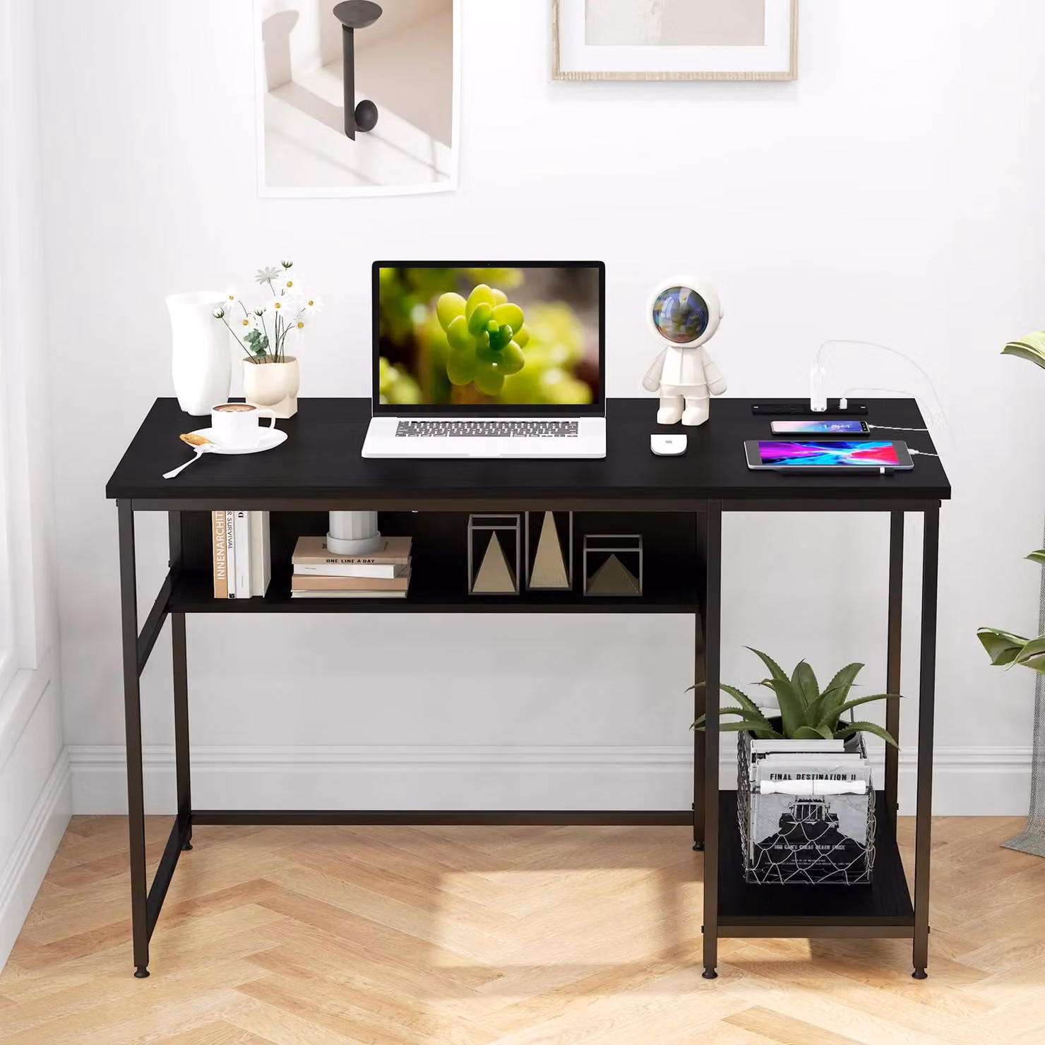 Costway Modern Computer Desk with Power Outlet and Shelf in Black – 4