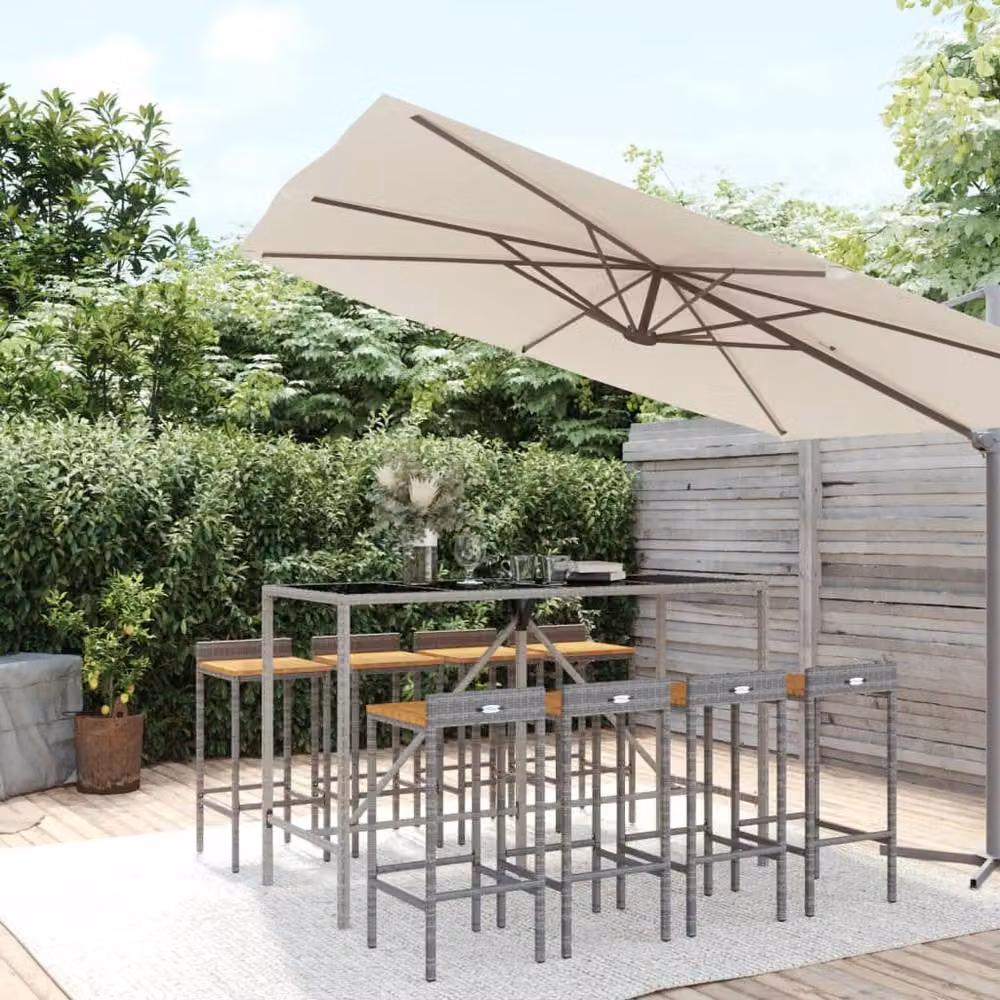 Berkfield Home 9 Piece Grey Poly Rattan and Solid Acacia Wood Garden Bar Set – 2