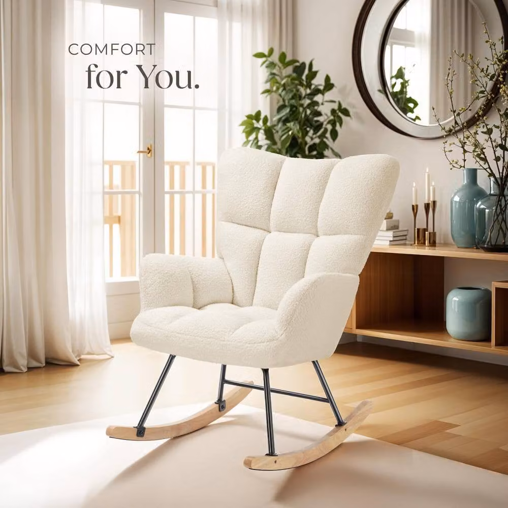 tectake Torve Rocking Chair with Beige Bouclé Fabric and Wooden Runners – 5