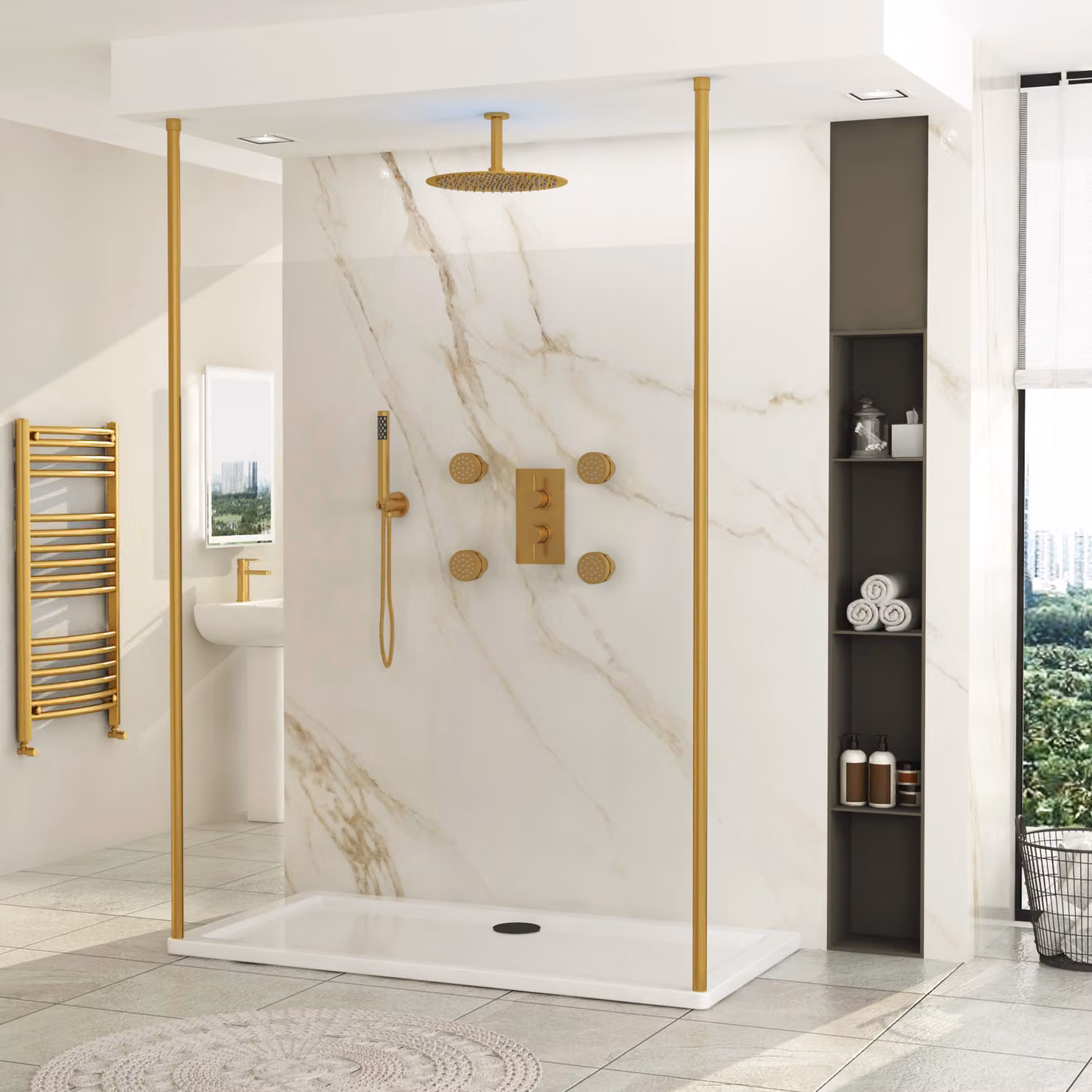 Royal Bathrooms Marbella Walk Through Wet Room Shower Screen with 8mm Clear Glass and 2 Brushed Brass Ceiling Poles, Width: 185 cm