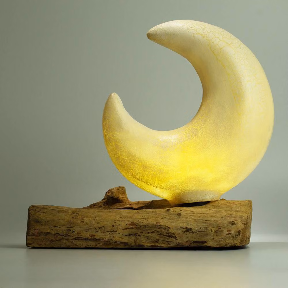 Serenityy DriftGlow Crackle Half Moon Tabletop Lamp in Grey and Off-White with LED Bulb – 4