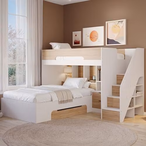 Flair Furnishings Triple Bunk Bed for Kids with Storage Staircase and Integrated Shelves, White and Oak, H: 219.1 cm x W: 153.0 cm x D: 153.0 cm – 1