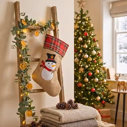 Shatchi Brown Snowman Christmas Stocking, Rustic Burlap Hessian Hanging Sack, W/H: 26 x 25 cm – 8