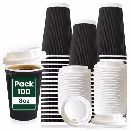 ECONX 100 Pack Black Ripple Triple Wall Disposable Coffee Cups with White Lids, 8oz