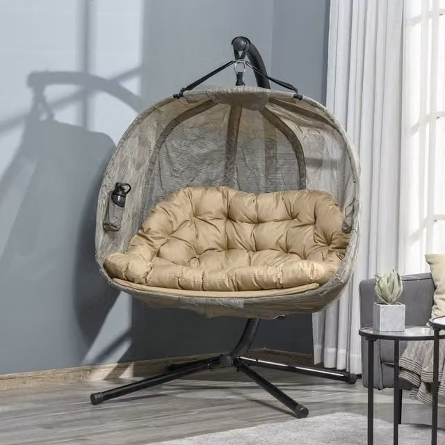 Outsunny Double Hanging Egg Chair 2 Seater in Brown and Beige with Sun Canopy and Cushions